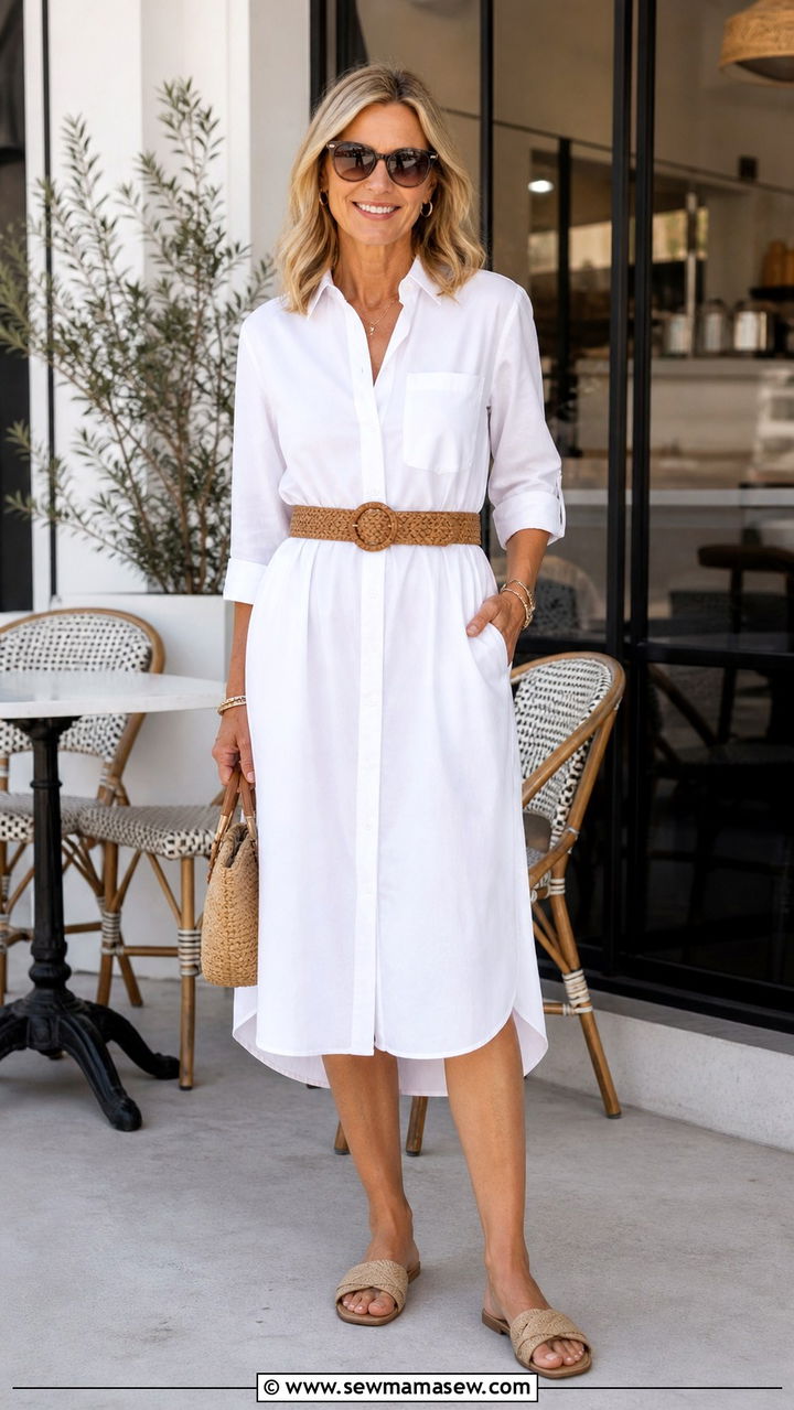 White poplin shirt dress with woven belt spring outfit - 40 Spring outfit ideas for women over 40 2026