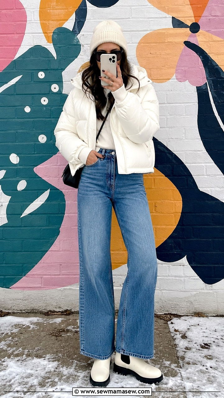 White puffer jacket outfit wide leg jeans - 25 Reykjavik outfit ideas