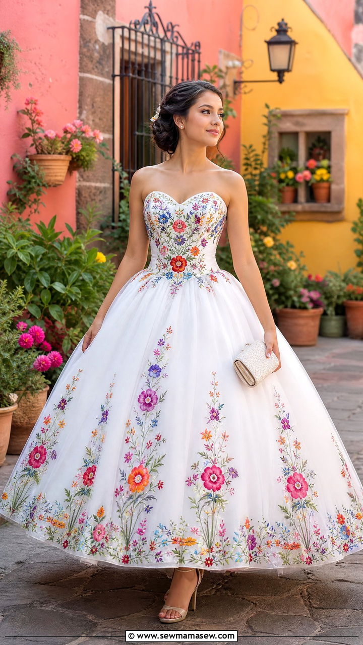 White quinceanera dress with colorful floral embroidery - 25 Quinceanera outfit ideas