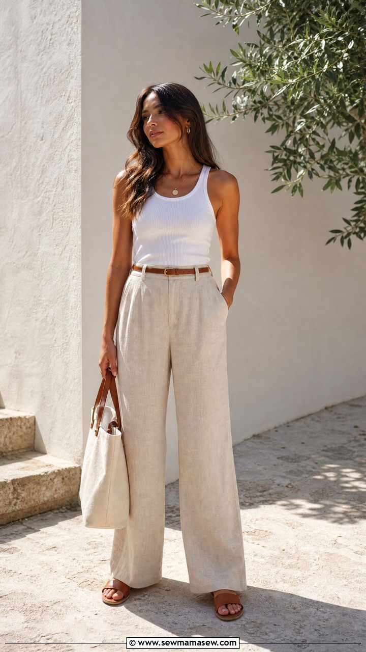 White ribbed tank with linen trousers - 30 Cozy summer outfit ideas 2026