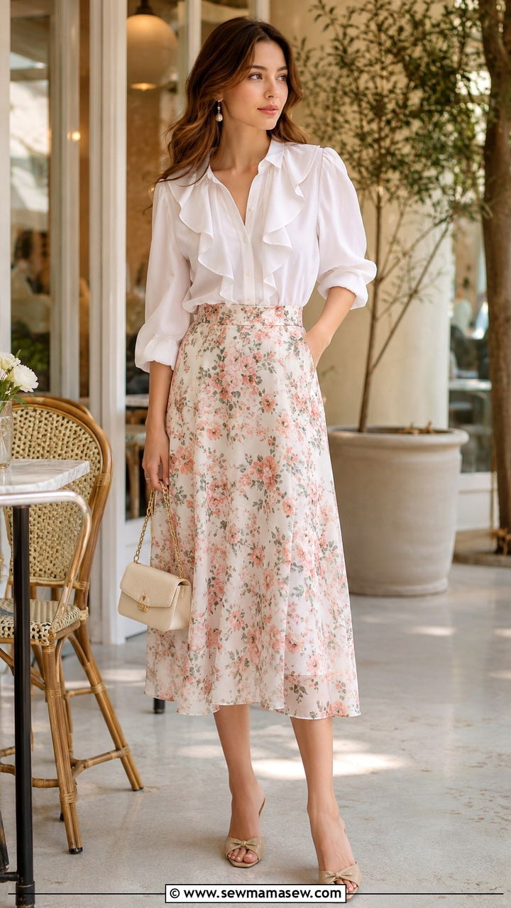White ruffled button up blouse with a floral midi skirt and heeled mules - 30 Romantic summer outfit ideas