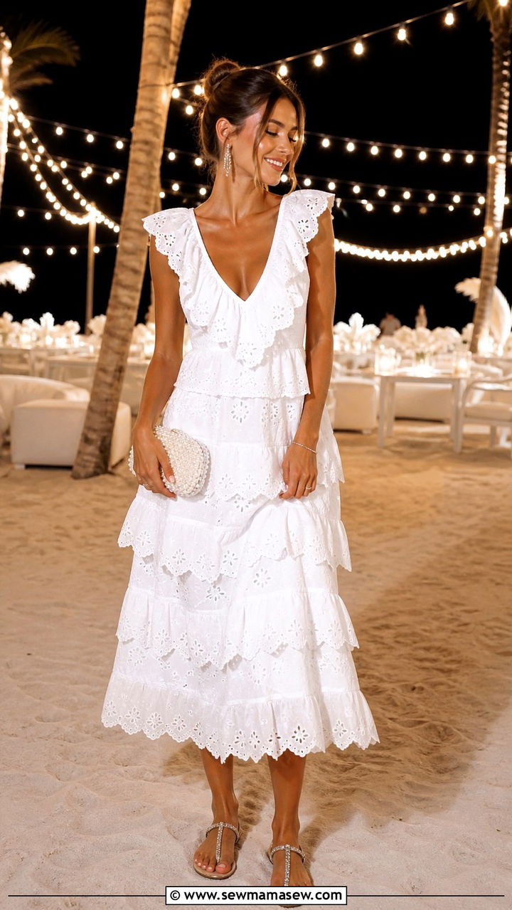 White ruffled midi dress and silver sandals for Punta Cana white party - 40 Punta Cana outfit ideas