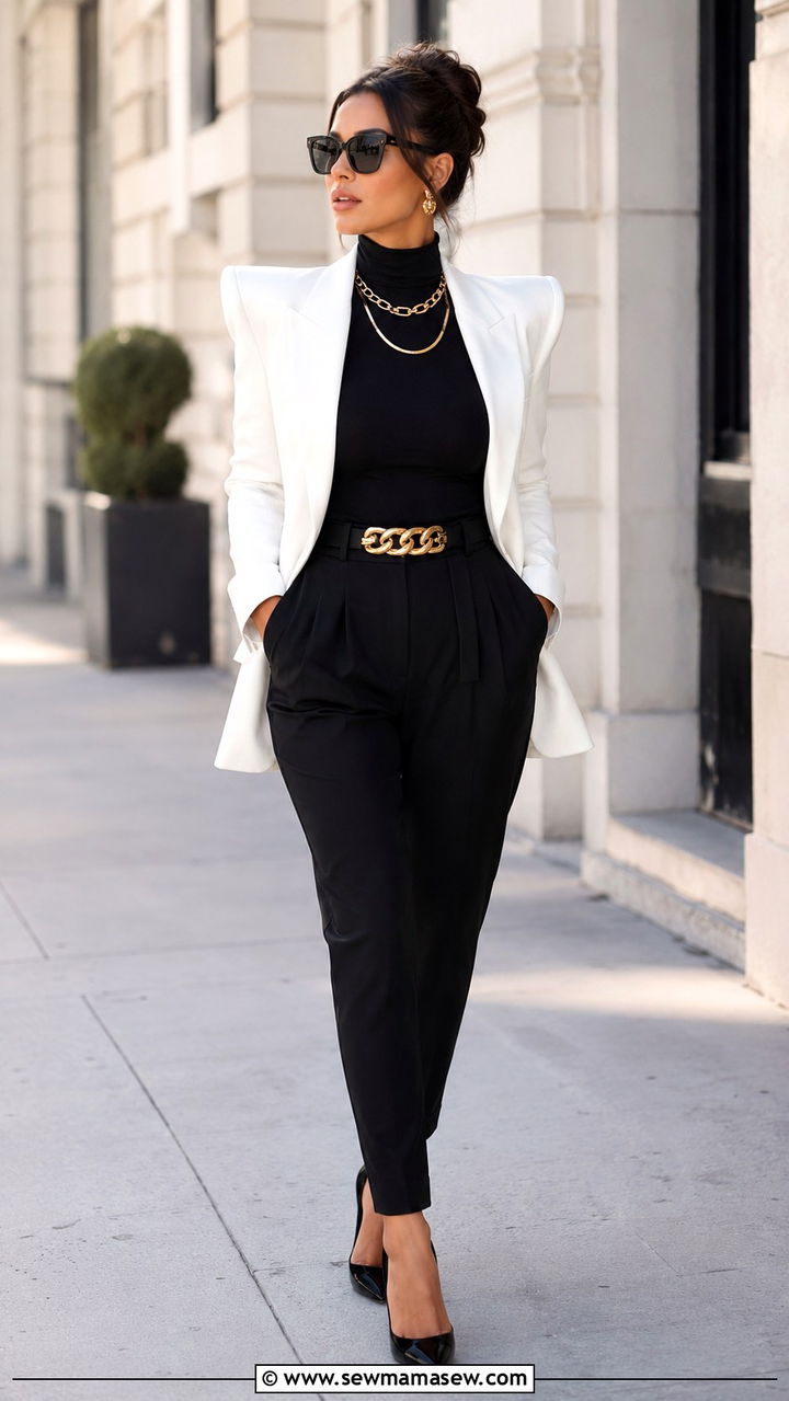 White sculpted shoulder blazer with black tailored trousers - 20 cute glamoratti outfits