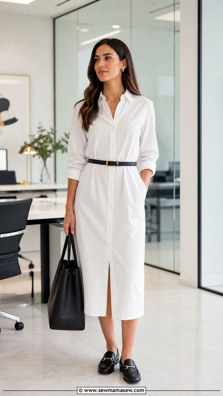 White shirt dress with black belt and loafers - 25 Shirt dress outfit ideas with a belt