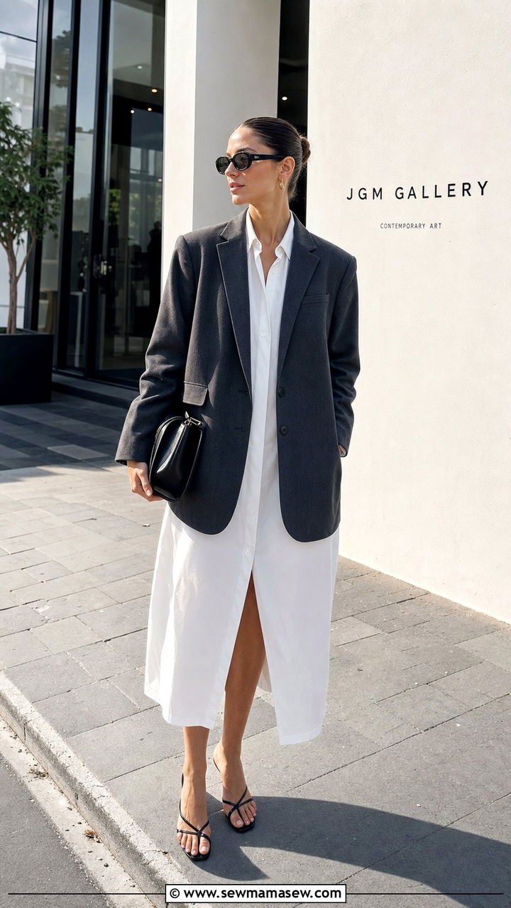 White shirt dress with oversized blazer - 25 Shirt dress outfit ideas with a blazer