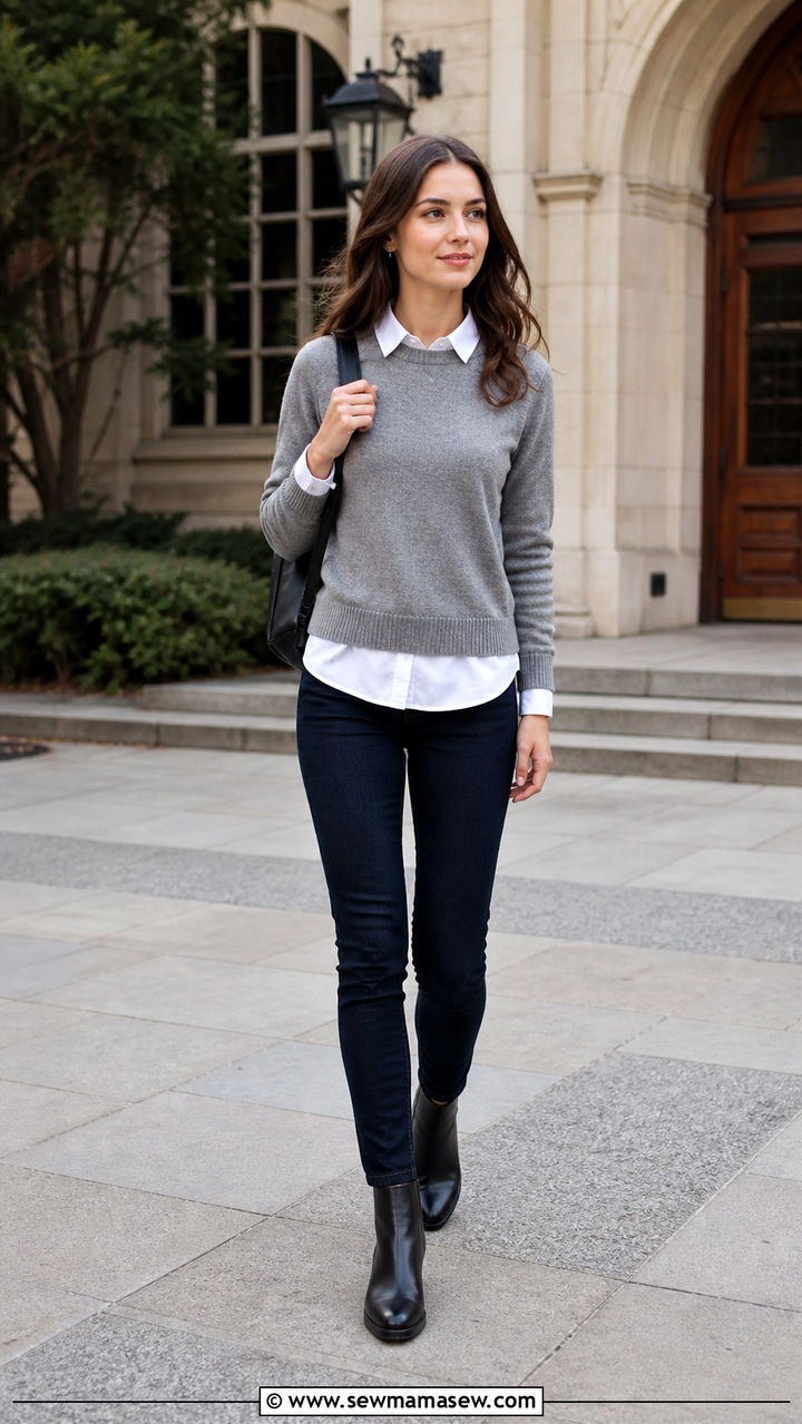 White shirt layered over sweater outfit - 40 Parisian chic outfit ideas