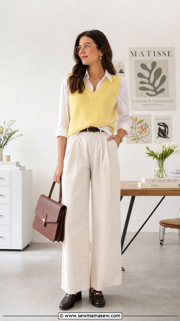 White shirt under a sweater vest with wide leg pants - 25 spring white shirt outfit ideas