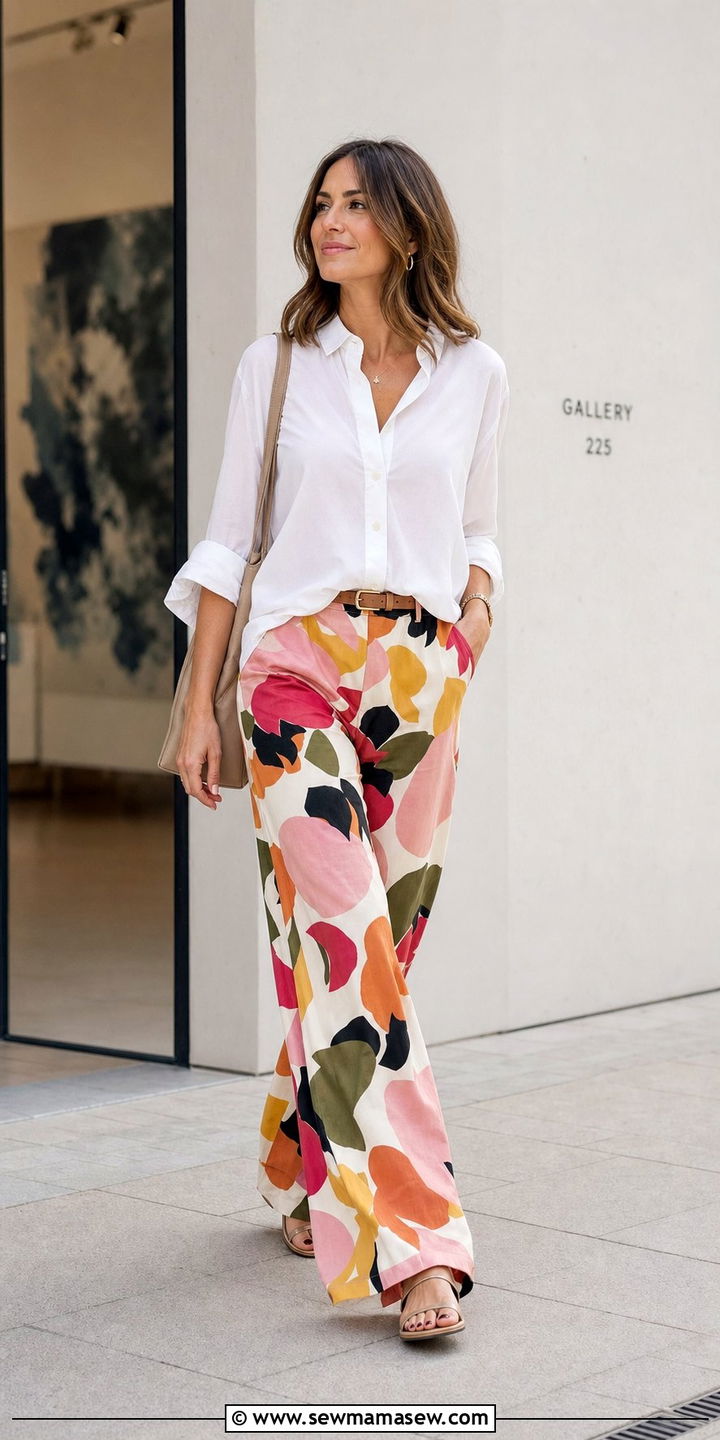 White shirt with patterned wide leg pants - 25 spring white shirt outfit ideas