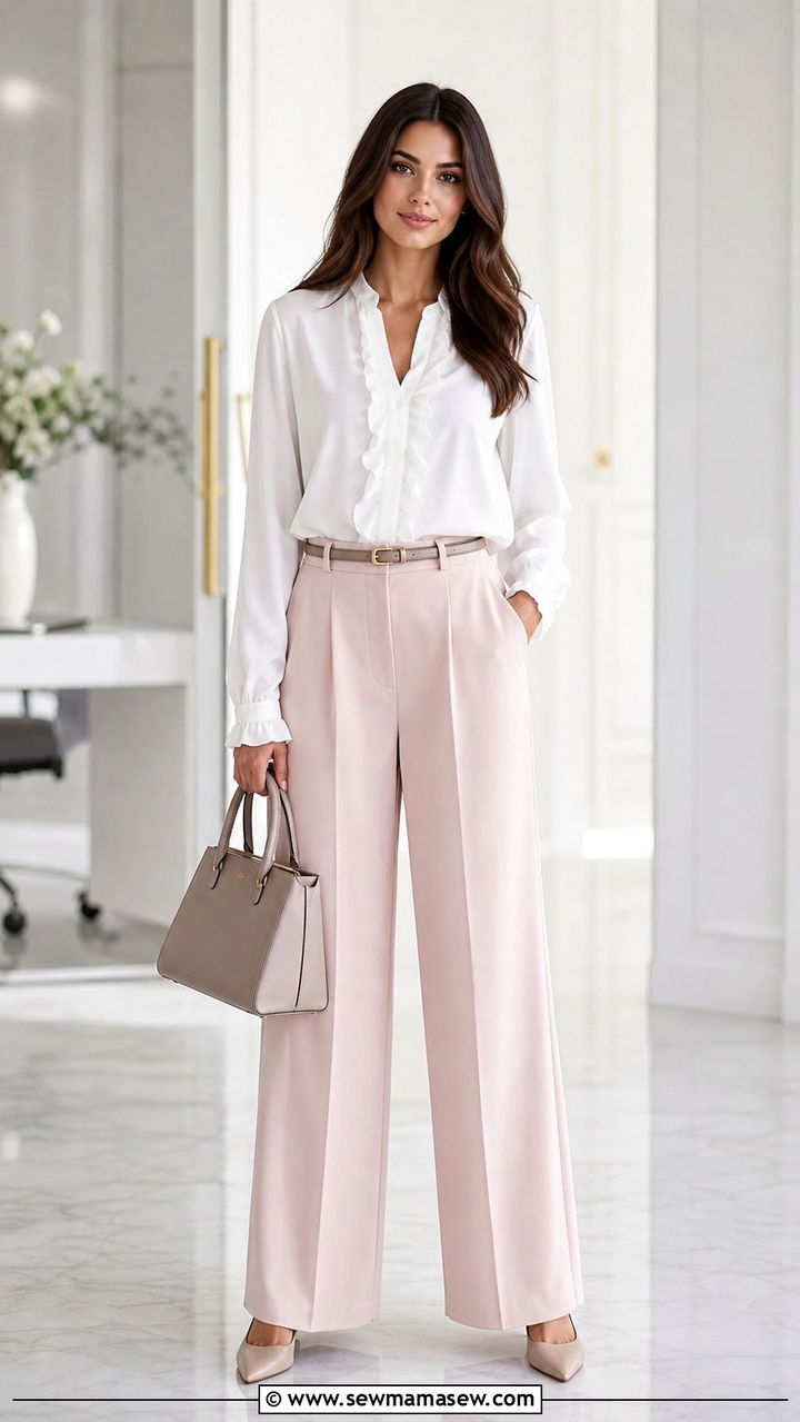 White shirt with ruffle detail and wide leg pants outfit - 40 Spring style ideas