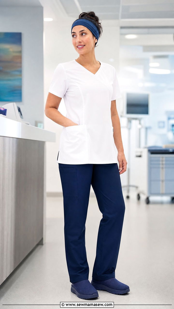White short sleeve tunic with navy scrub pants - 30 Summer outfit ideas for nurse