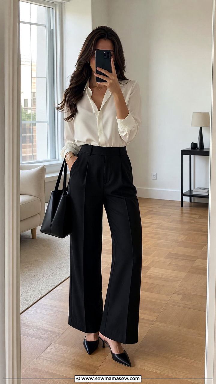 White silk blouse with black wide leg trousers - 35 job interview outfit ideas for women