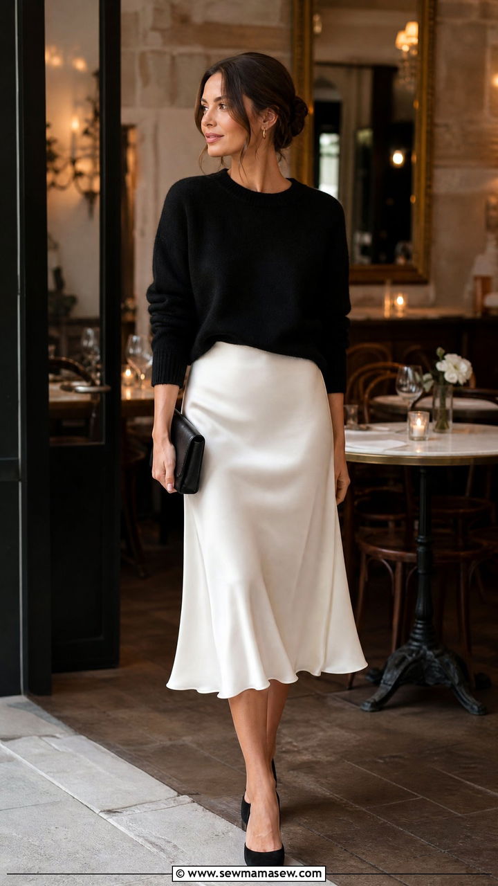 White silk skirt with black sweater outfit - 30 French girl outfits to copy