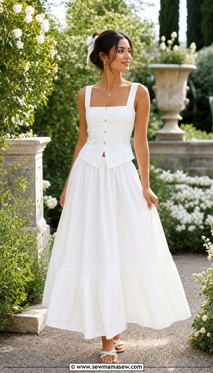 White sleeveless button up with a matching maxi skirt - 25 Sofia Richie spring outfit ideas