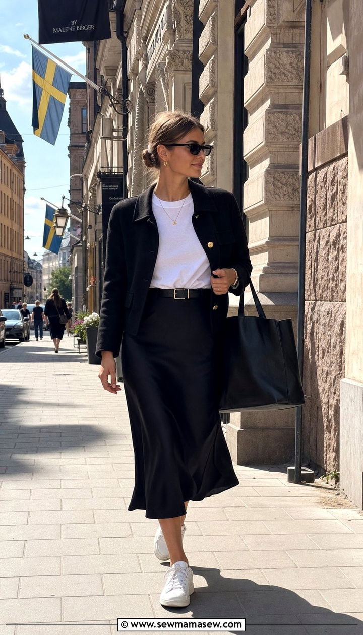 White sneakers and black midi skirt outfit - 25 Stockholm outfit ideas