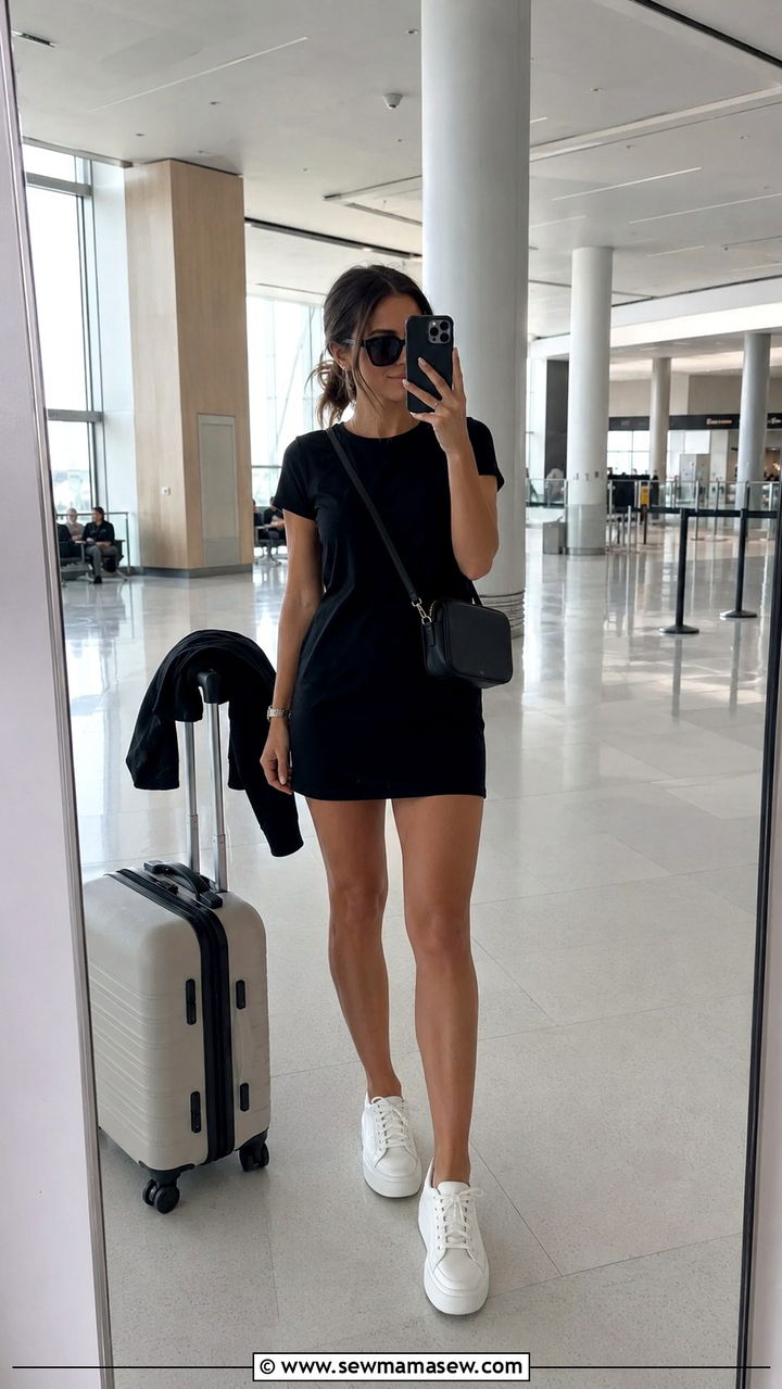 White sneakers and black mini dress travel outfit - 25 Petite travel outfit ideas