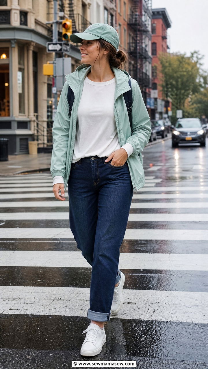White sneakers with dark jeans and lightweight rain jacket - 30 Cozy rainy day outfit ideas