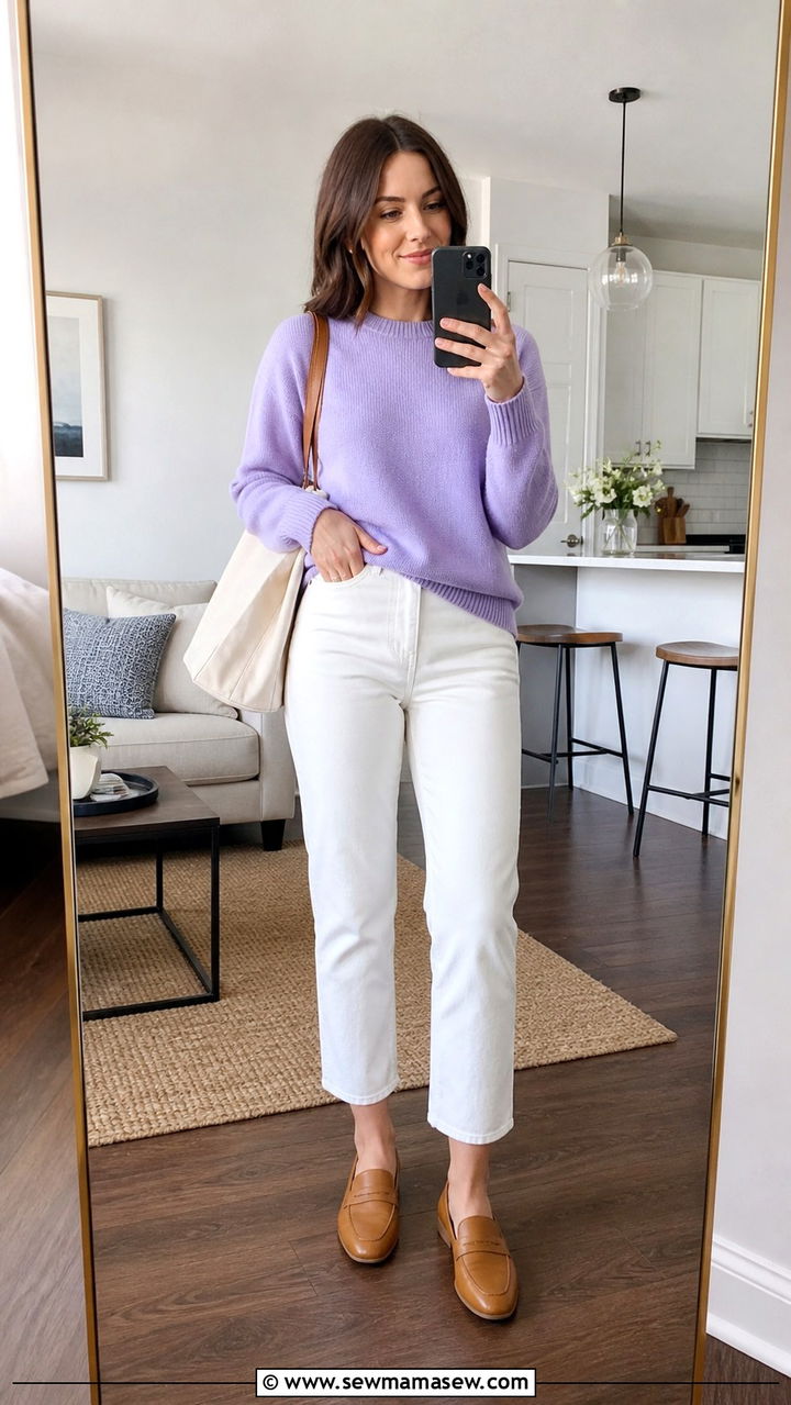 White straight leg jeans with a pastel sweater and loafers - 40 spring casual outfit ideas