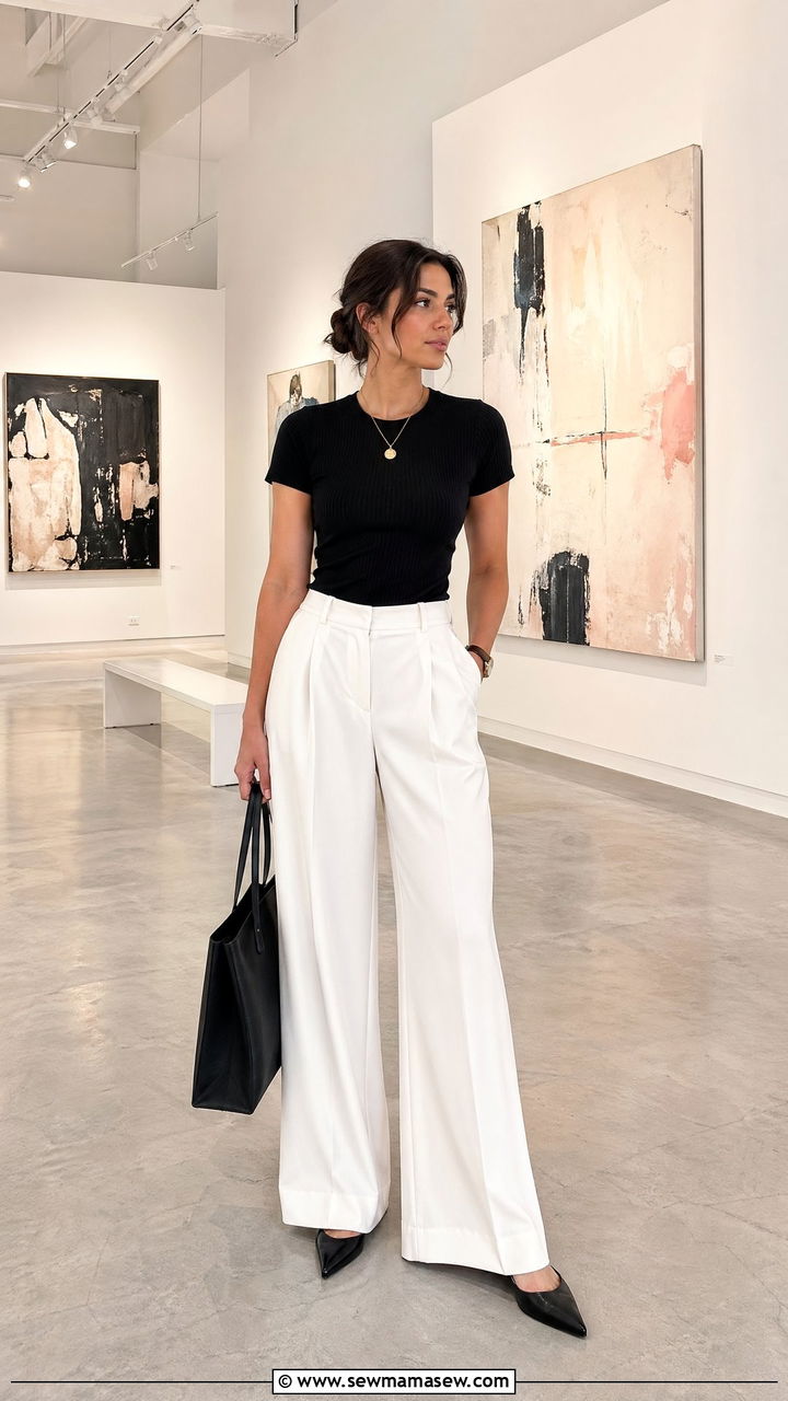 White suit trousers and black knit top outfit - 35 Conference outfit ideas for women