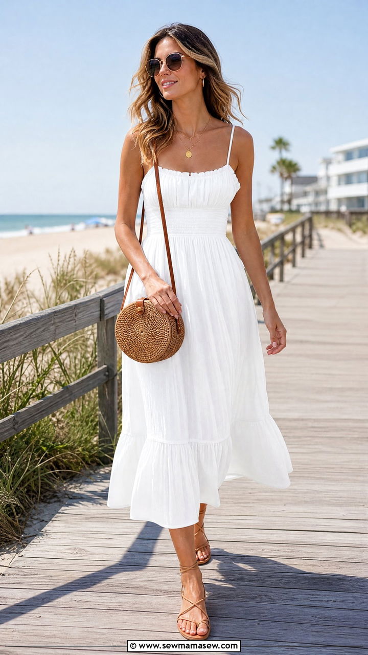 White sundress with strappy flat sandals - 30 summer outfits with flat sandals
