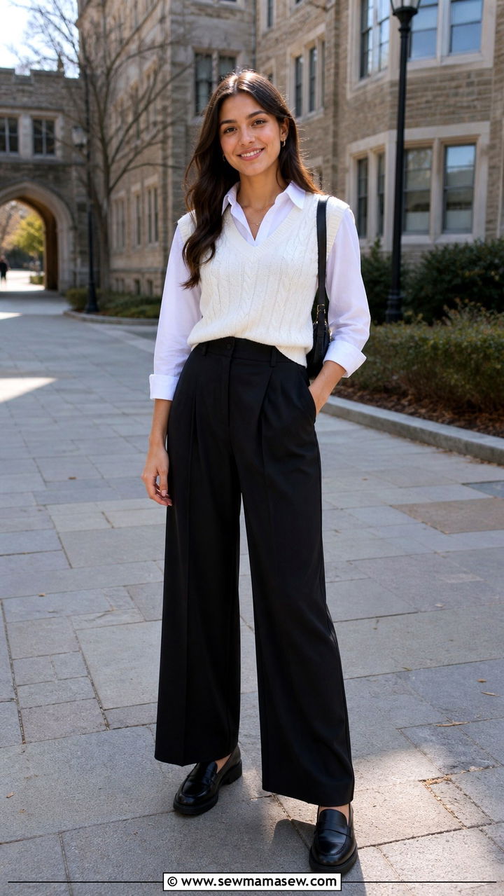 White sweater vest and black wide leg pants outfit - 40 Black and white outfit ideas