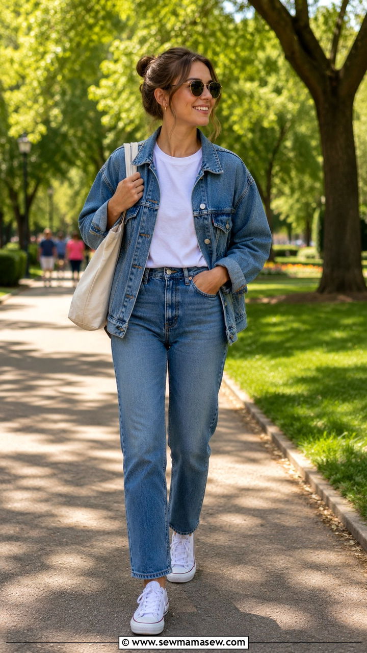 White t shirt denim jacket straight leg jeans - 20 casual basic t-shirt outfits