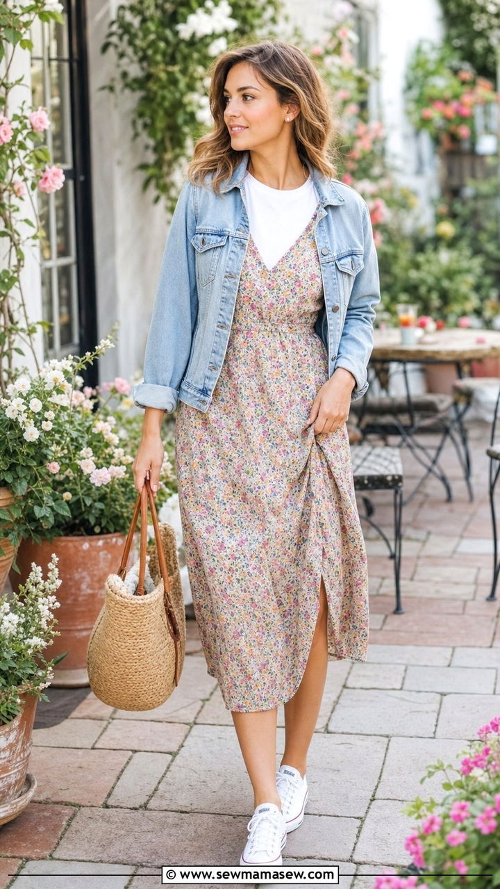 White t shirt under a floral dress with a denim jacket - 25 spring layered t shirts outfit ideas
