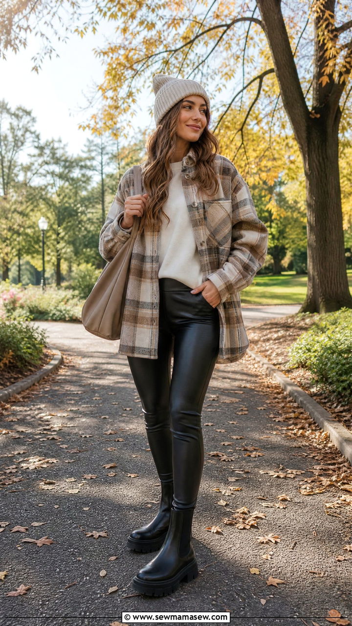 White t shirt under a plaid shacket with faux leather leggings - 25 spring layered t shirts outfit ideas