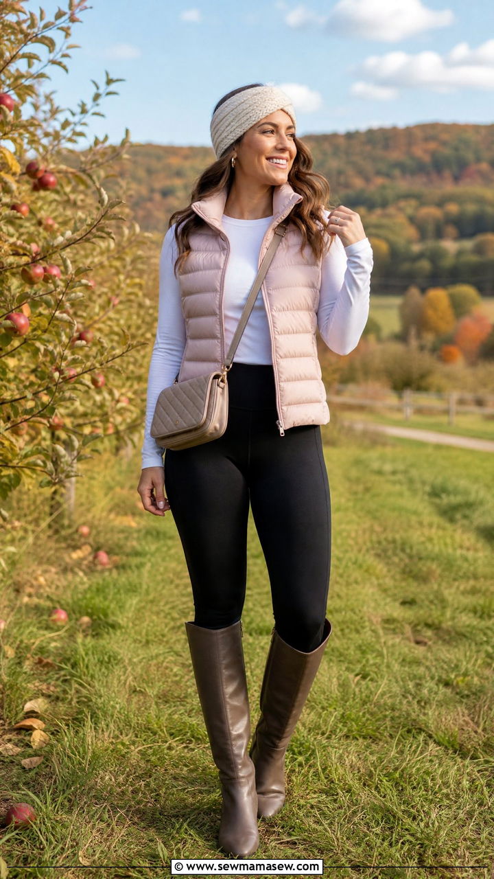 White t shirt under a puffer vest with leggings and tall boots - 25 spring layered t shirts outfit ideas