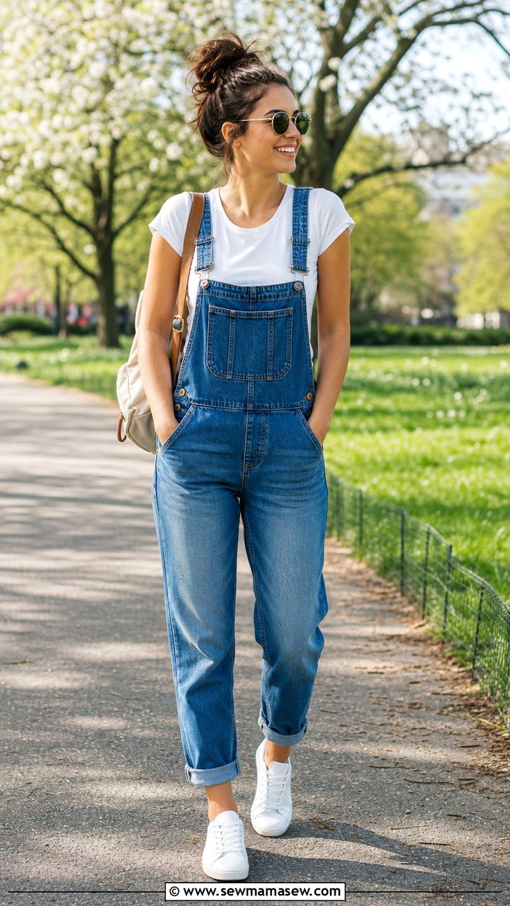 White t shirt under denim overalls with sneakers - 25 spring layered t shirts outfit ideas