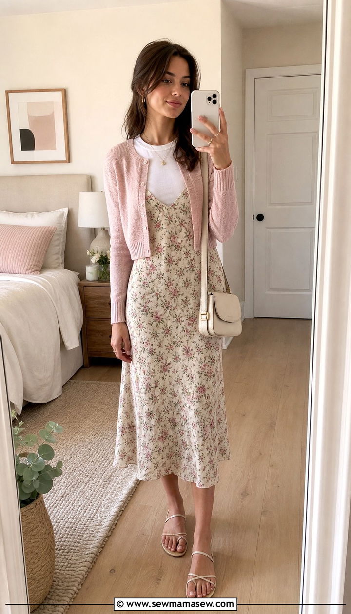 White t shirt under slip dress with cropped cardigan - 25 spring layered t shirts outfit ideas