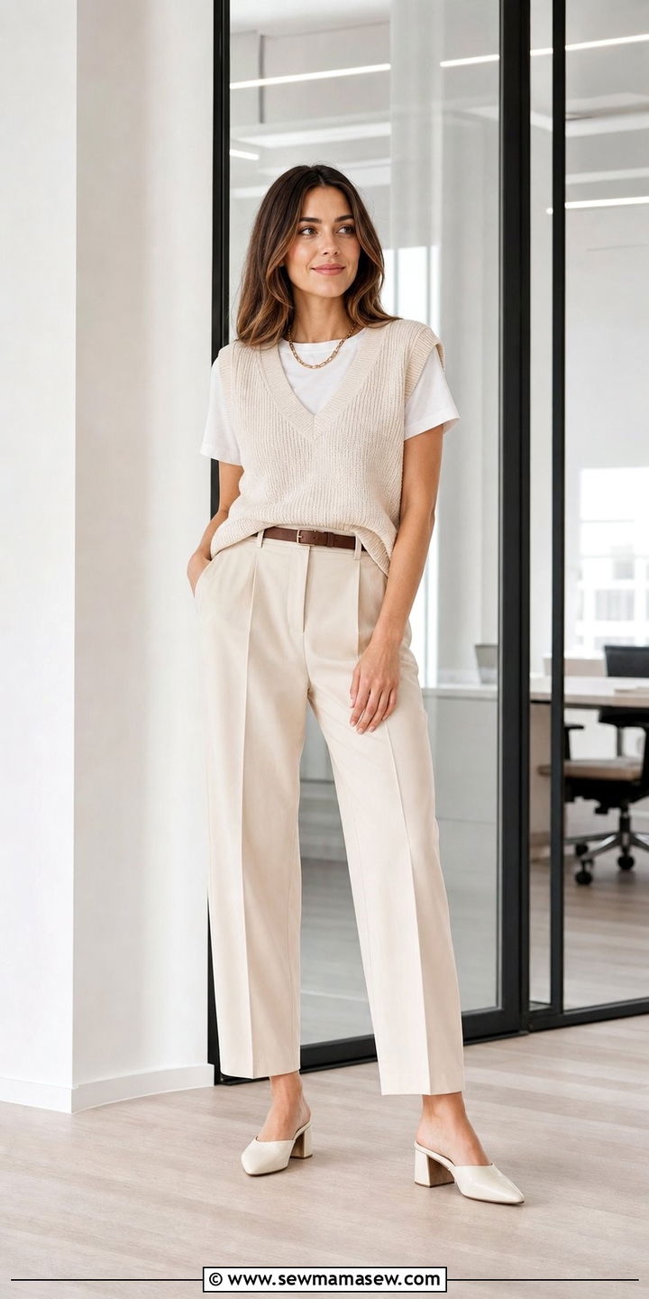 White t shirt under sweater vest with tailored trousers - 25 spring layered t shirts outfit ideas