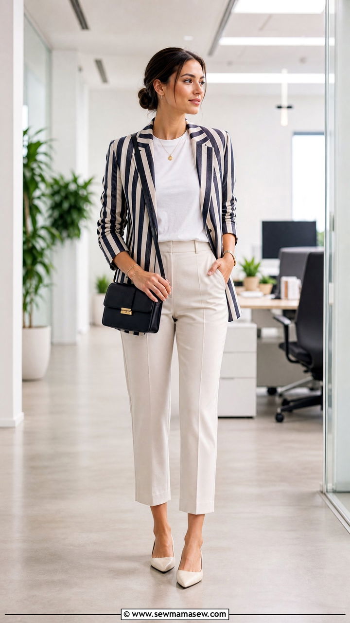 White t shirt with a striped blazer and cropped trousers - 25 spring layered t shirts outfit ideas