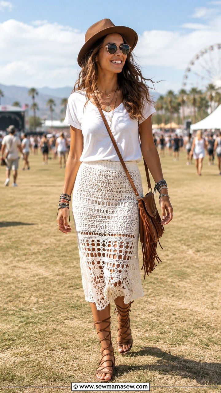 White t shirt with crochet skirt festival outfit - 30 How to style a white t-shirt in summer