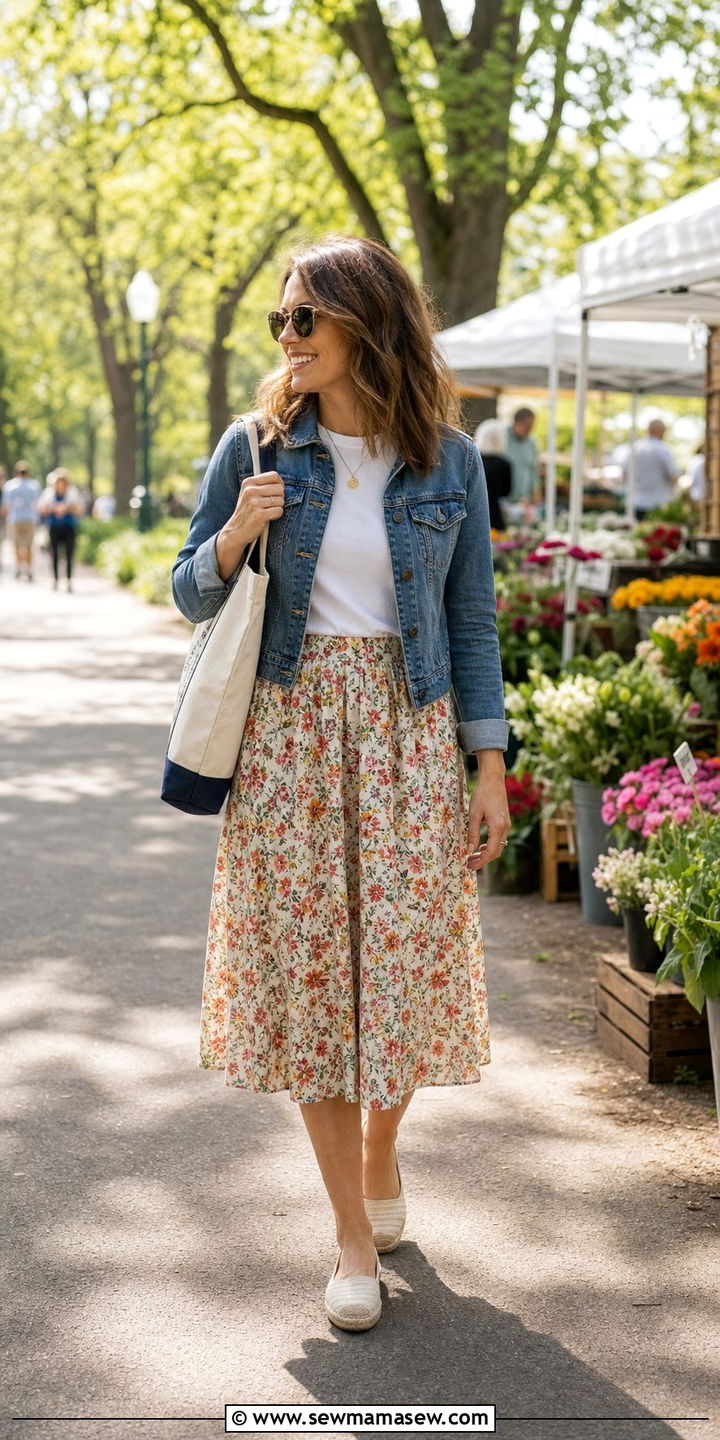 White t shirt with denim jacket and floral skirt - 25 spring white shirt outfit ideas