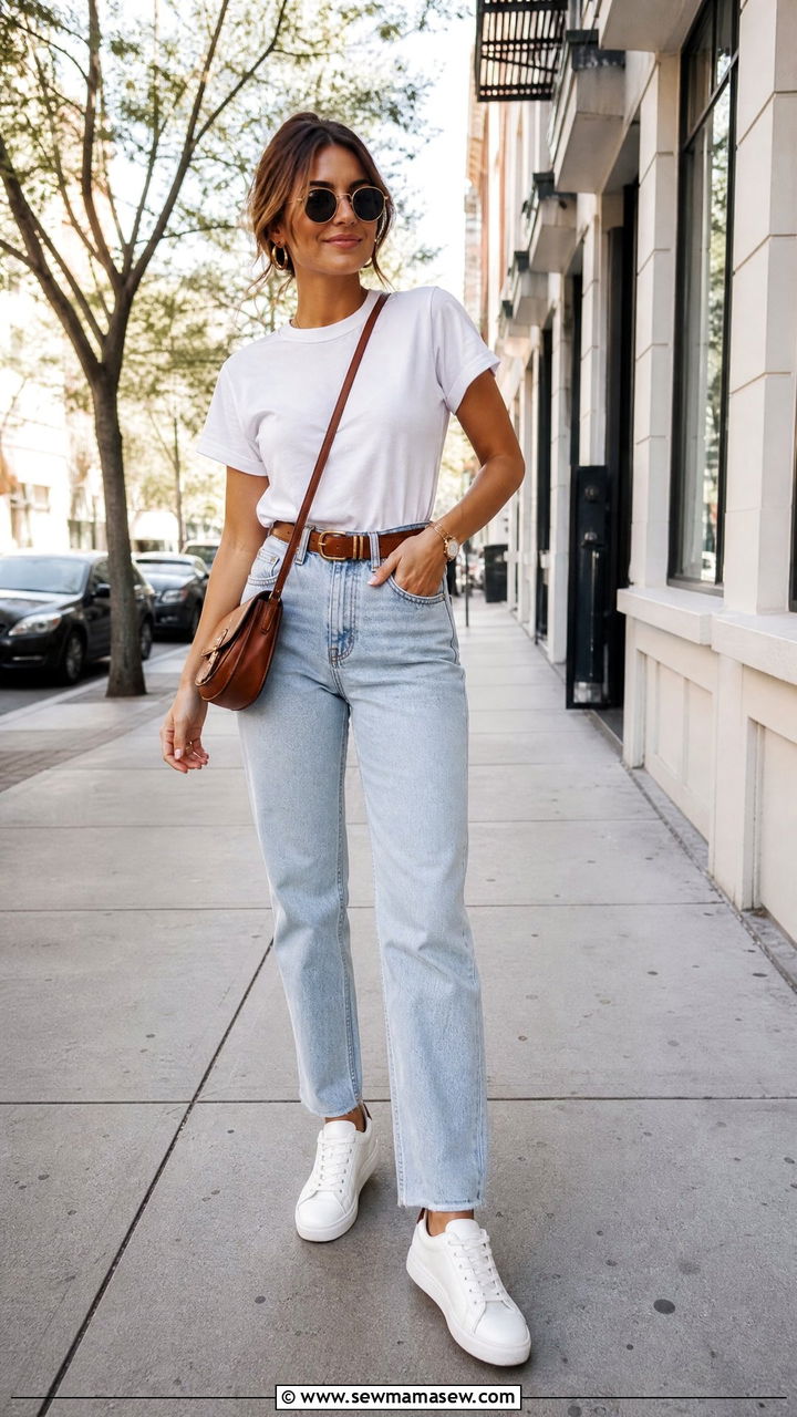 White t shirt with high waisted jeans and white sneakers - 25 High waisted jeans outfit ideas with white sneakers