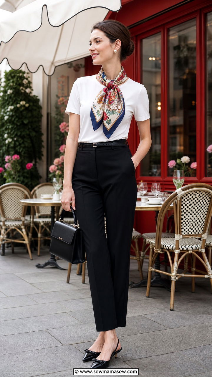 White t shirt with printed scarf tied at the neck and tailored trousers - 25 spring layered t shirts outfit ideas