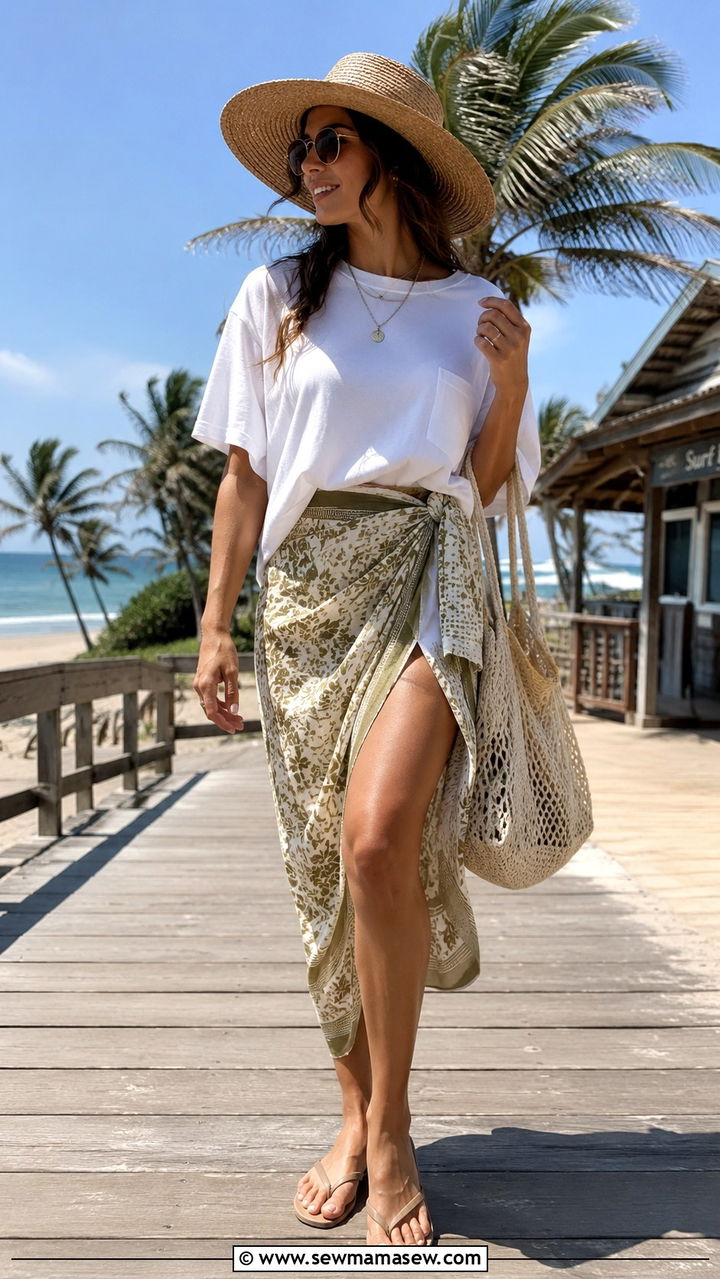 White t shirt with sarong summer beach outfit - 30 How to style a white t-shirt in summer