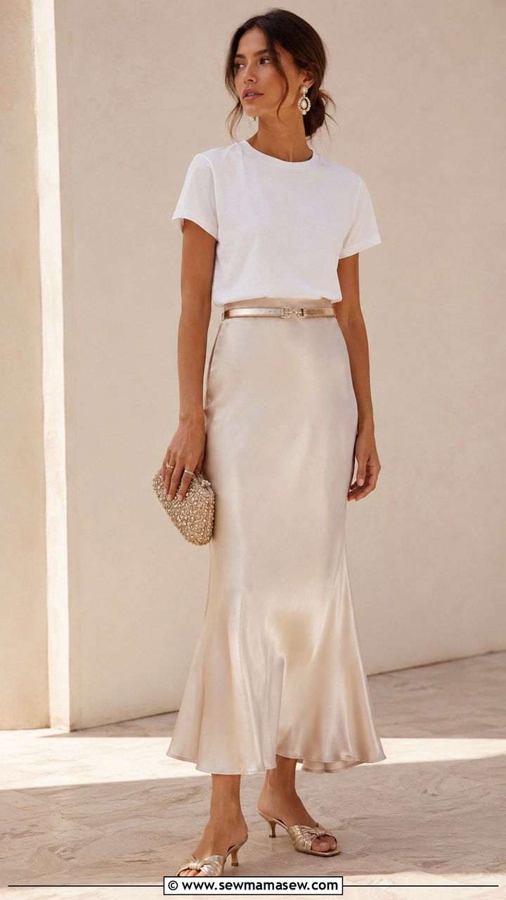 White t shirt with silk slip skirt elevated look - 30 How to style a white t-shirt in summer
