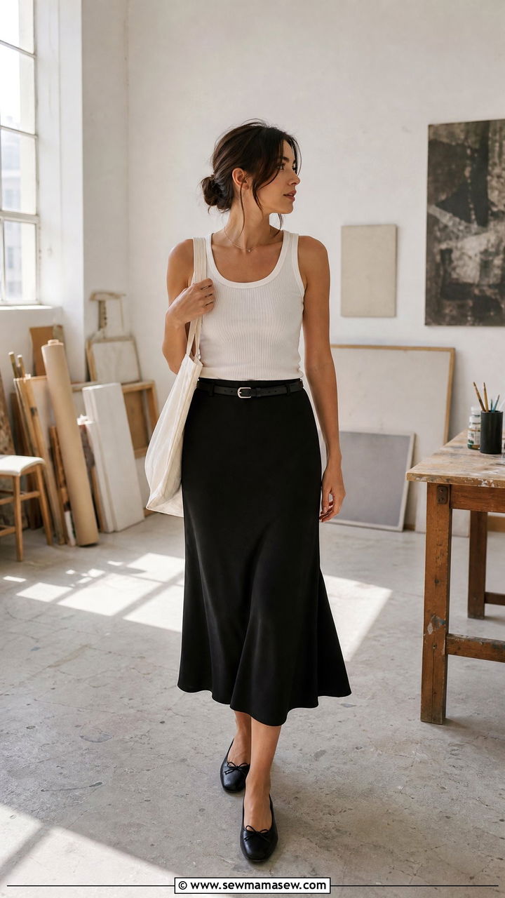 White tank and black midi skirt outfit - 30 dark academia outfits ideas