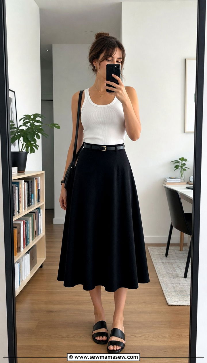 White tank and black midi skirt - 25 dark academia outfits inspo