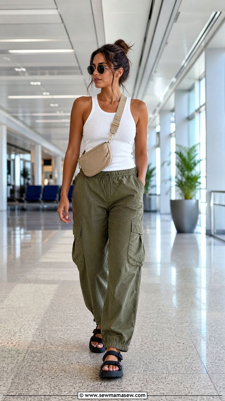 White tank top with olive cargo trousers - 35 Miami airport outfit ideas