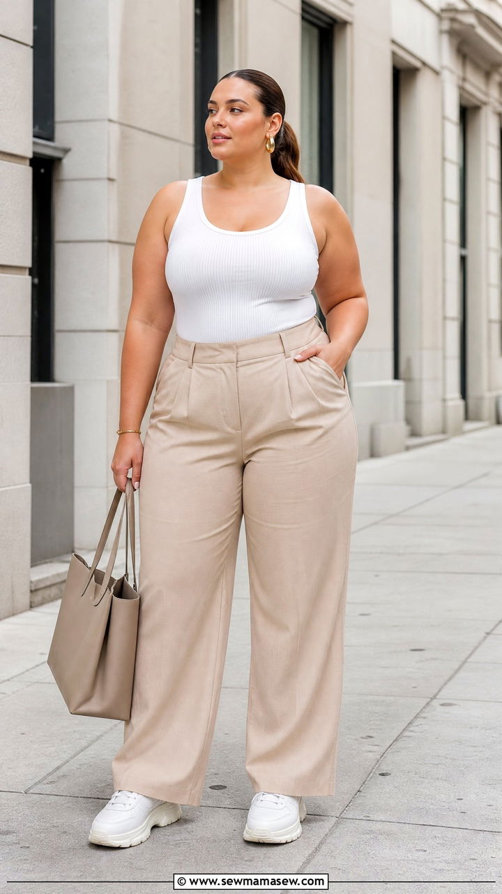 White tank with beige wide leg trousers and white sneakers - 30 Clean girl outfit ideas plus size