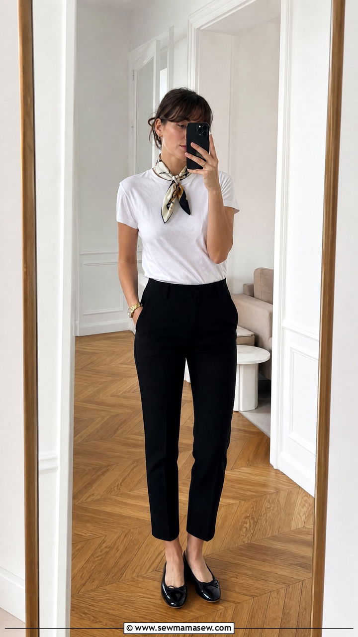 White tee and black cigarette pants with a silk scarf - 20 French girl outfit ideas Francoise Hardy