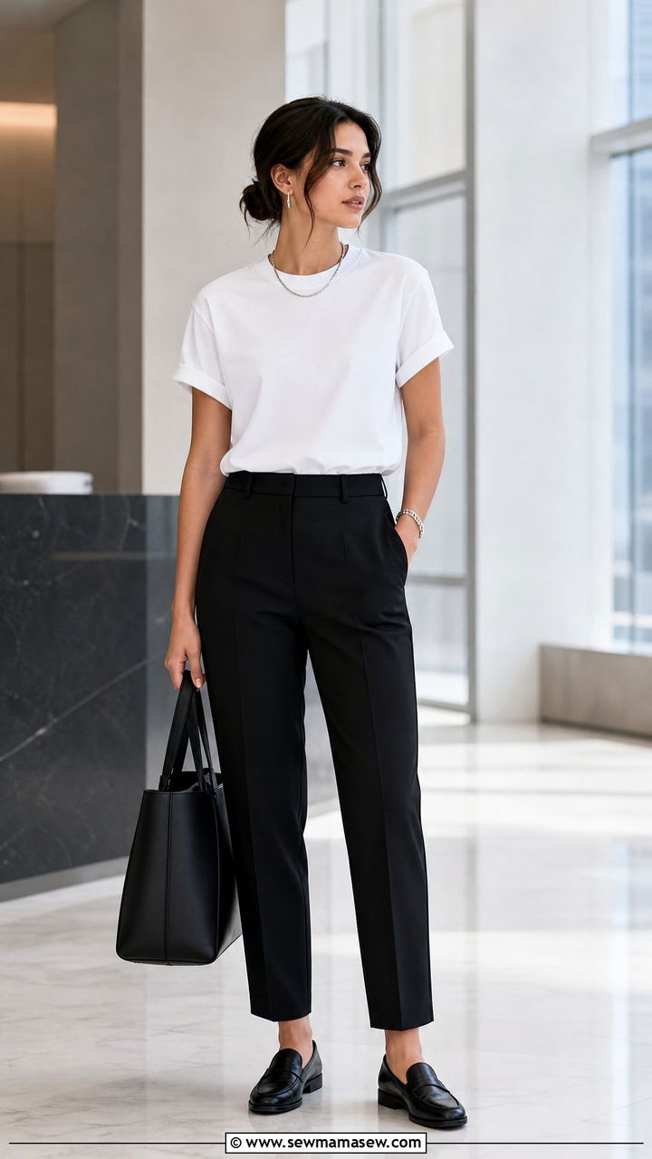 White tee and black tailored trousers - 30 minimalist outfits for women