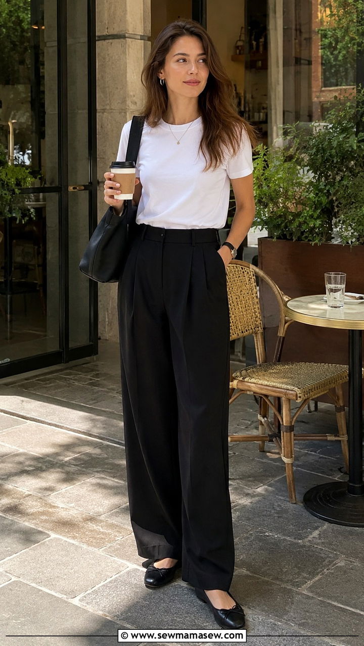 White tee and high waisted black trousers travel outfit - 30 Minimalist outfit ideas for travel