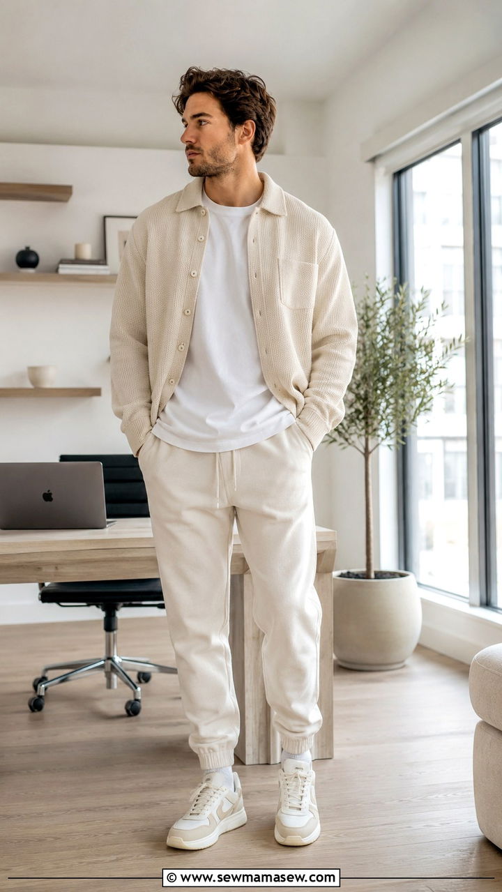 White tee and joggers with tonal layering remote work outfit - 30 Remote worker outfit ideas