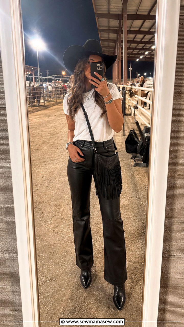White tee and leather pants rodeo outfit - 30 Rodeo outfit ideas