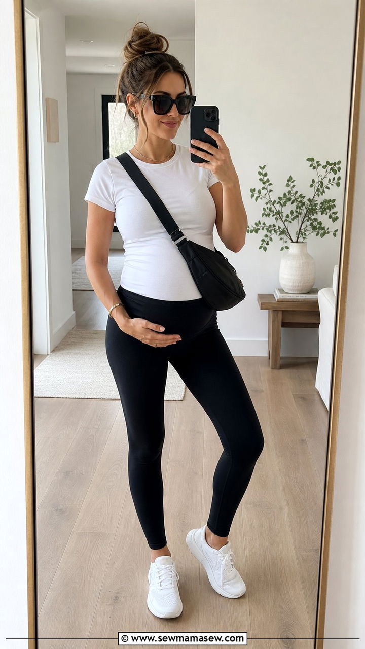 White tee and maternity leggings outfit - 25 Spring outfit ideas for pregnant women