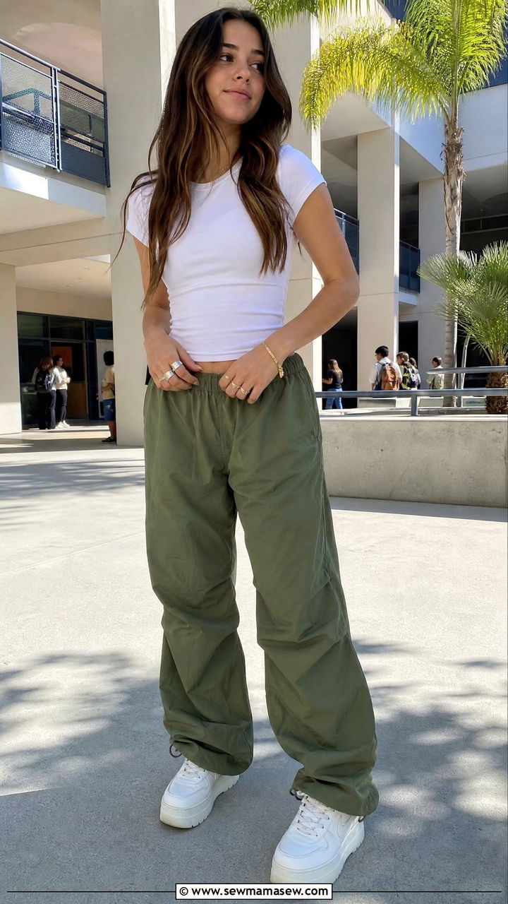 White tee and parachute pants outfit - 40 school outfits ideas
