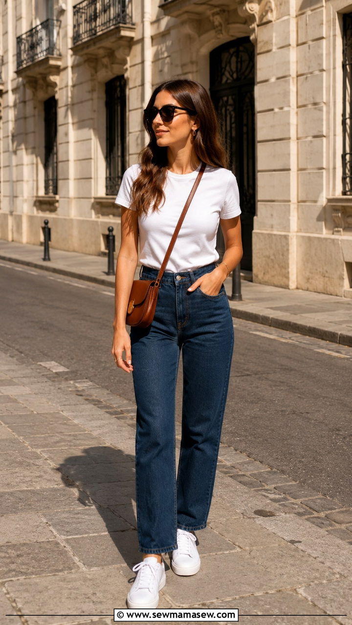 White tee and straight leg jeans travel outfit - 30 Travel capsule wardrobe ideas